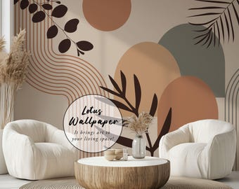 Papel pintado Boho Abstracto con Hojas, Mural de Pared Moderno para Sala de Estar, Autoadhesivo