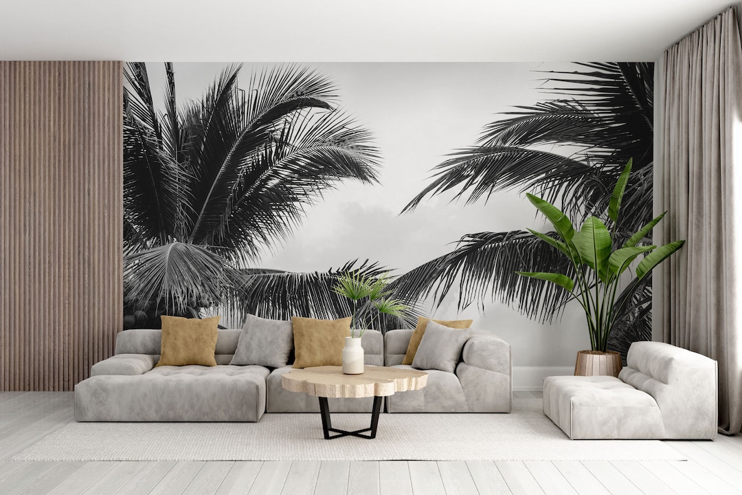 Black and White Palm Leaf Wallpaper – Tropical Peel and Stick Mural - Etsy