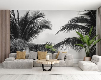 Papier peint amovible noir et blanc avec feuilles de palmier, décorations murales tropicales personnalisables au design moderne. Décoration murale en noir et blanc, papiers peints pour le salon