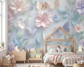 3D Pastel Floral Butterfly Wallpaper, Gentle Flower Wall Mural, Girls Nursery Room Decor