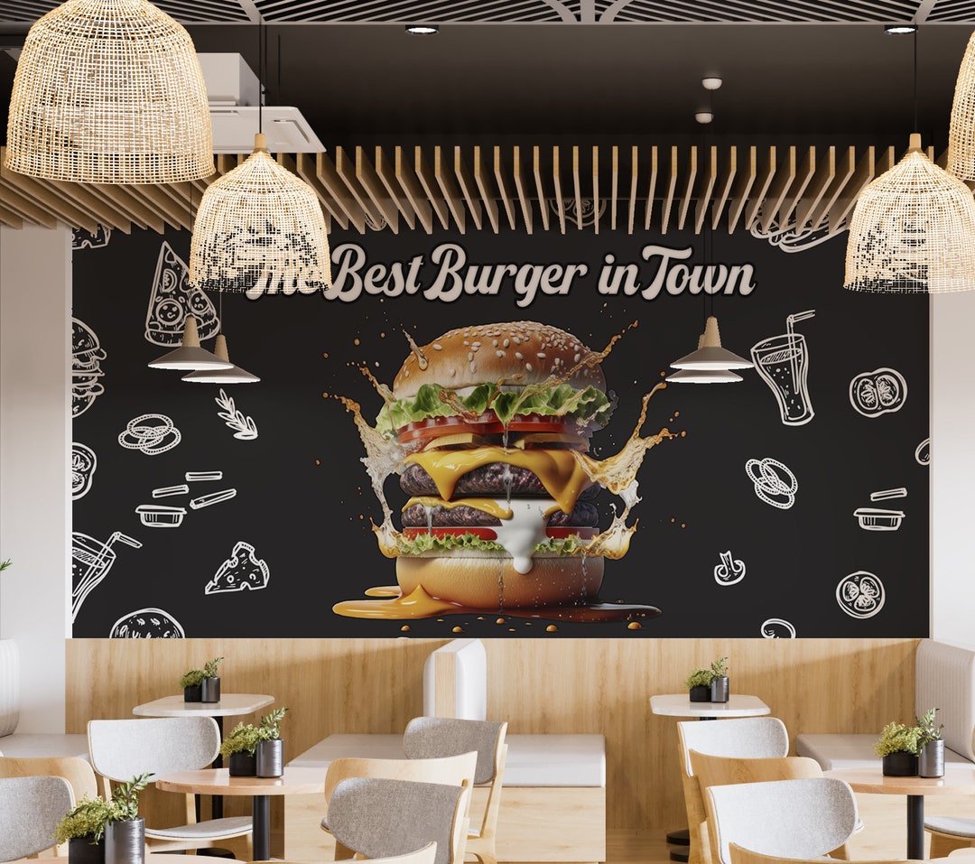 Hamburger Wall Poster, Customizable Fast Food Restaurant Easy Removable Wallpaper, Hamburger