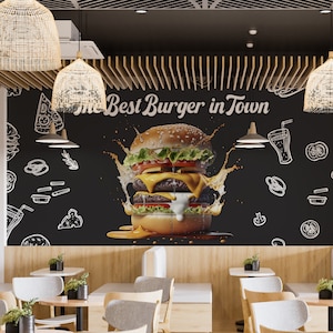 Hamburger Wall Poster, Customizable Fast Food Restaurant Easy Removable Wallpaper, Hamburger Stylish Cafe Wall Mural, Fast Food Wall Decor
