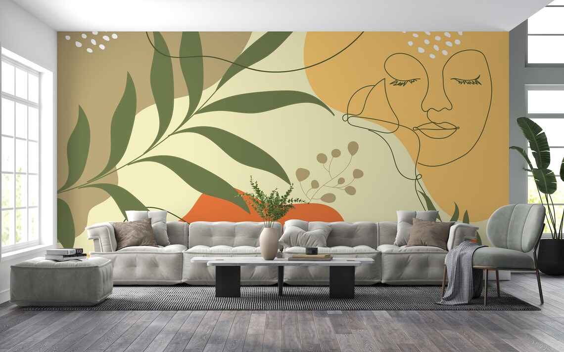 Mid Century Modern Wallpaper Spiritual Woman and Tropical Etsy