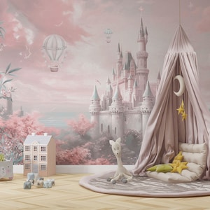 Fairy Castle Watercolor Design Kids Wallpaper, Fairy Forest Houses, Self-adhesive Removable Mural, Decal, Nursery Decor, Pink Colors Mural
