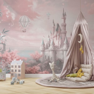 Fairy Schloss Aquarell Design Kinder Tapete | Feenwaldhäuser, selbstklebendes, entfernbares Wandbild | Kinderzimmer Wand Dekor | Rosa Farben Wandbild