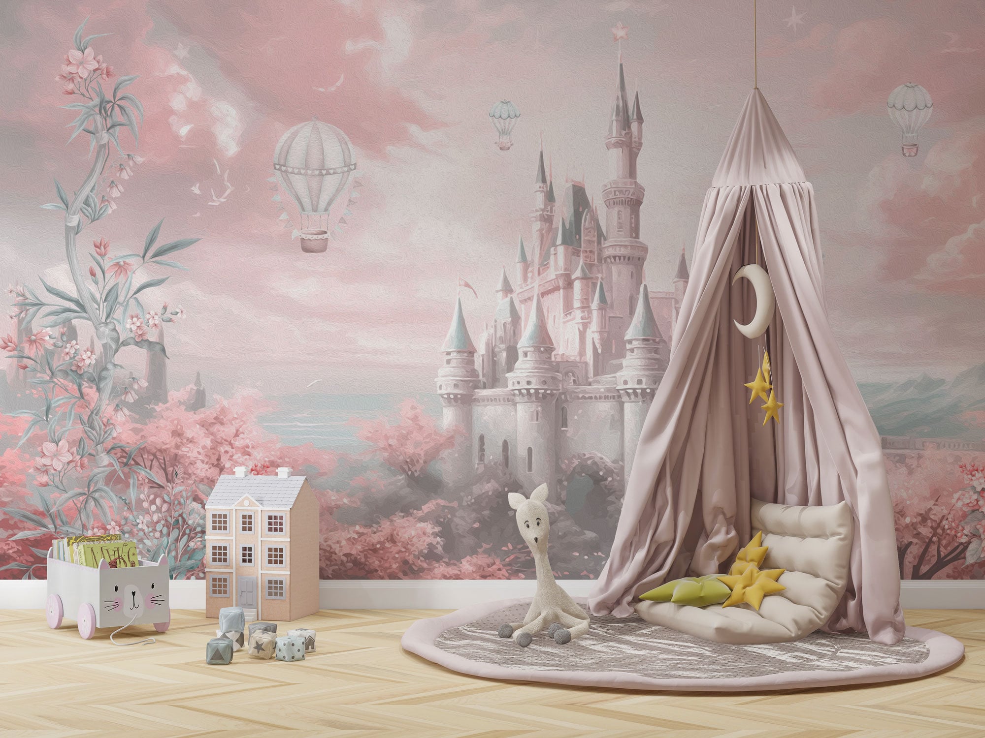 Fairy Castle Watercolor Design Kids Wallpaper | Fairy Forest Houses, Self-adhesive Removable Mural | Nursery Wall Decor | Pink Colors Mural