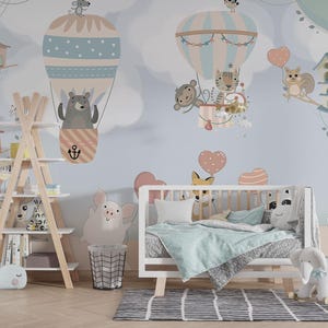 Murales da parete con mongolfiere e cielo azzurro per cameretta dei bambini, murales da staccare e attaccare con mongolfiere per cameretta dei bambini, adesivi murali con animali per bambini