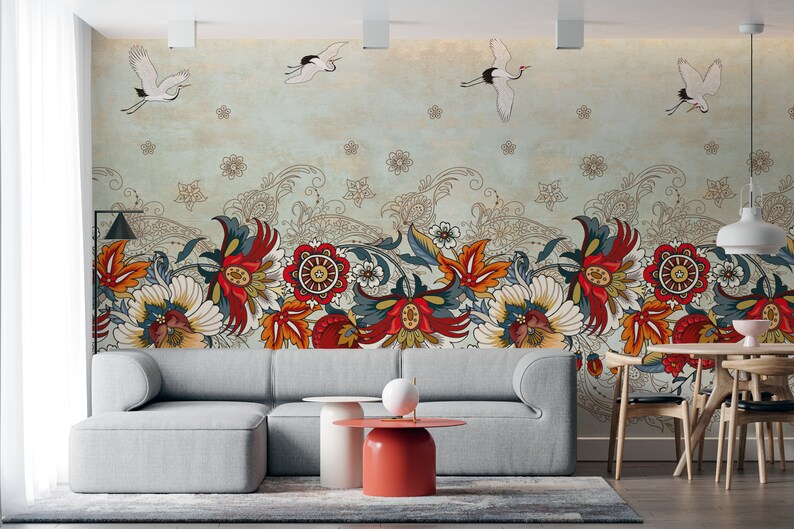 Chinoiserie Peel and Stick Wallpaper Mural Turquoise Vintage Etsy