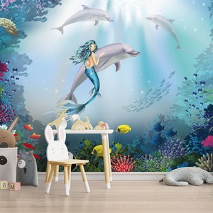 Realistic Underwater World Girl Baby Kids Room Mural, Mermaid Child Room Wall Mural, Underwater Life Mermaid Nursery Kids Wallpaper