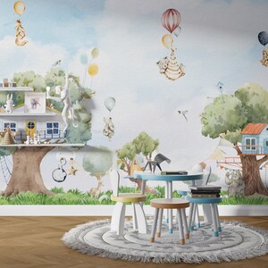 Tree Houses Kids Wallpaper, Tree Houses Child Room Murals, Animals Nursery Wall Mural, Forest Trees Nursery Mural, Hot Air Balloons Murals