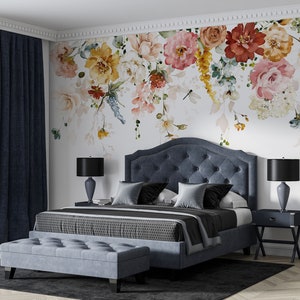 Watercolor Spring Flowers Wallpaper, Colourful Rose and Peony Flower  Badroom Wall Mural, Floral Self Adhesive Peel And Stick Wall Mural