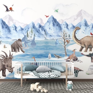 Carta da parati autoadesiva per bambini "L'era glaciale dei dinosauri" con la vita dei dinosauri, montagne e alberi, dinosauri, murale da staccare e attaccare per la cameretta dei bambini