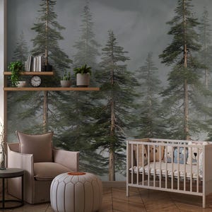 Woodland Watercolor Peel and Stick Wall Mural, Nature Foggy Forest Wallpaper Mural, Child Room Mountain Pine Trees Wall Mural