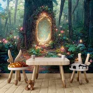 Fairy Forest Wall Mural for Nursery – Enchanted Magical Door Wallpaper – Mystical Woodland Peel and Stick Wall Art for Kids Room