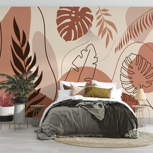 Boho marron beige couleurs pastel abstrait tropical détail badroom papier peint, papier peint de salon de forme abstraite moderne, décoration murale facile