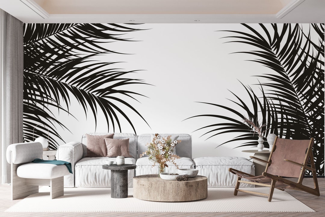 Black and White Palm Leaves Wallpaper Mural, Tropical Peel and Stick - Etsy