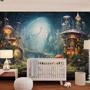 Mushroom Hobit Houses Kids Wall Mural, Macig Forest Kids Wallpaper, Fairy Forest Houses Nursery Mural, Child Play Room Tree Wallpaper