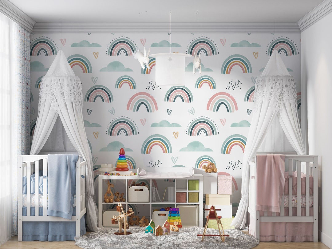 Watercolor Rainbow Nursery Wallpaper - Unisex Colors Kids Room Peel and ...
