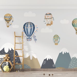 Carta da parati murale per bambini con mongolfiere, carta da parati per bambini con colori scandinavi, carta da parati murale con montagne in stile nordico, carta da parati personalizzabile per bambini