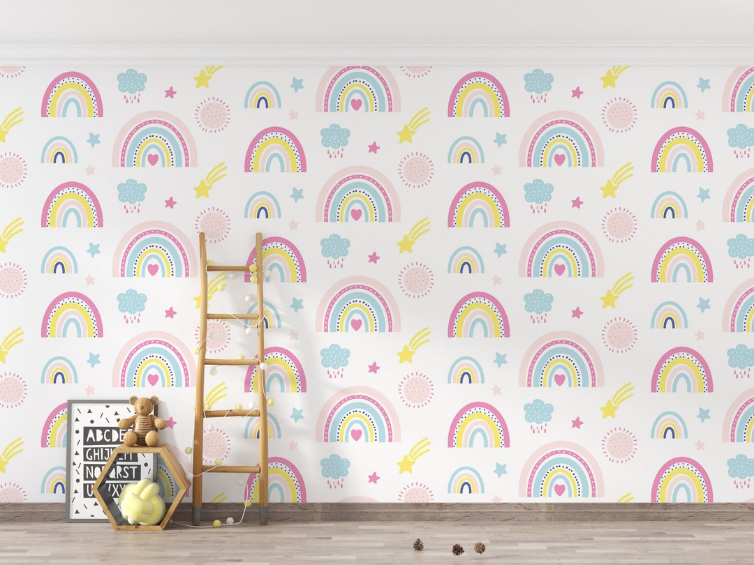 Rainbow Kids Wallpaper, Rainbows Stars Clouds Baby Room Wall Mural ...