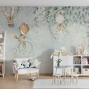 European Style Hot Air Balloons Child Room Wall Mural, Green Leaf Wallpaper, Floral Kids Wallpaper, The Nordic Color Animals Kids Wallpaper