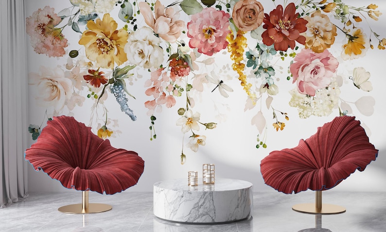 Watercolor Rose Peony Floral Wallpaper, Peel and Stick Wall Mural - Etsy