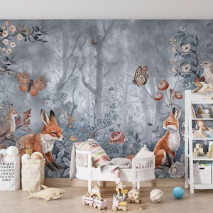 Carta da parati tradizionale per bambini con animali della foresta magica, murale autoadesivo con foresta nebbiosa, murale per bambini con animali del bosco