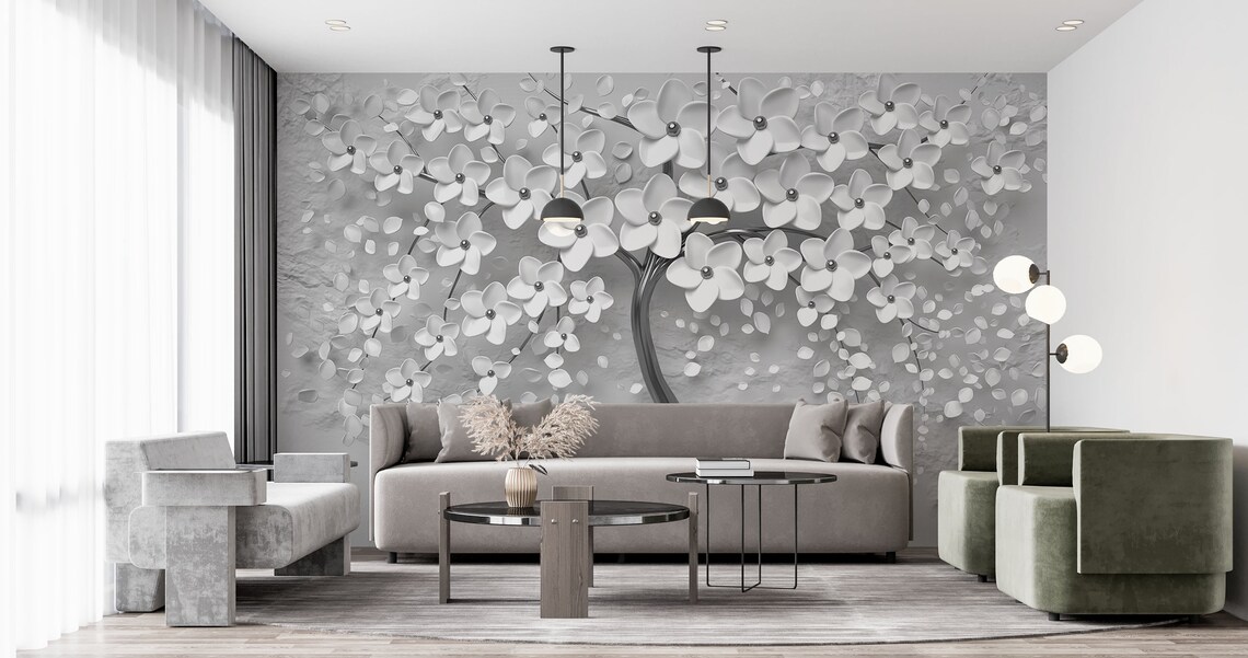 3D Effect Flowers Tree Wallpaper Romantic Floral Pattern Wall Etsy