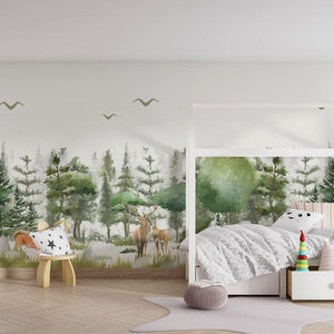 Carta da parati con pini per cameretta dei bambini, carta da parati autoadesiva con animali del bosco e alberi per cameretta dei bambini, carta da parati adesiva con foresta per cameretta dei bambini