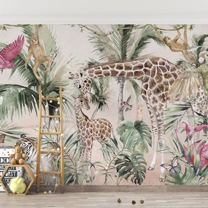 Giraffe Mother Love Design Safari Animals Wallpaper Mural, Jungle Mural Wallpaper, Tropical Forest Kids Room Peel and Stick Wall Mural