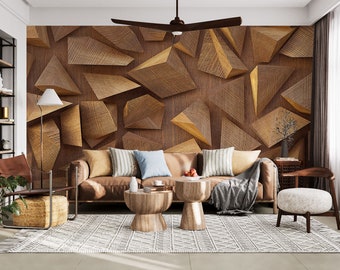 Mural abstracto 3D de madera para pared – Papel pintado con aspecto de madera natural – Tonos neutros – Decoración moderna (autoadhesivo)
