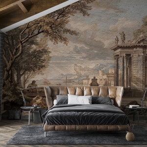 Custom Sizes Watercolor Historical Vintage Lanscape Wall Murals, Trees Forest Wall Murals, Vintage Wall Decor, Old Fountain And Column