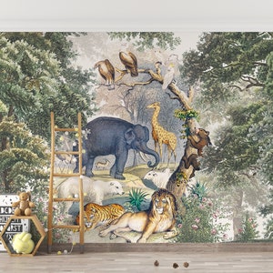 Vintage Aquarell Tropischer Wald Wildtiere Kinderzimmer Kind Tapete, leicht abnehmbares tropisches Küchenwandbild, Wohnzimmerwandbild