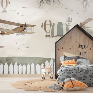 Kids Room Sky Hot Air Balloons Wall Murals, Hot Air Balloons Nursery Murals, Plane Pitcures, Kids Wallpaper, Baby Room Peel And Stick Mural