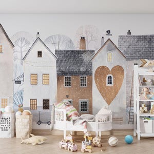 Die nordischen Stil Kinder Tapete, Stadt Häuser Kinderzimmer Wandbild, Spielzimmer Wandbild, Schälen und Kleben Nordische Haus Baby Kinderzimmer Tapete