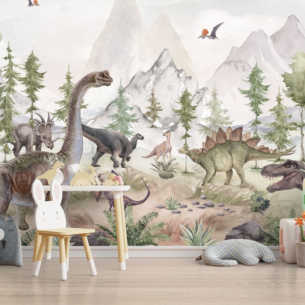 Lives Of The Dinosaurs In The Jungle Kids Wallpaper - Mountain and Trees Peel & Stick Self Adhesive Wall Mural, Dinosaur Species Fores Decal