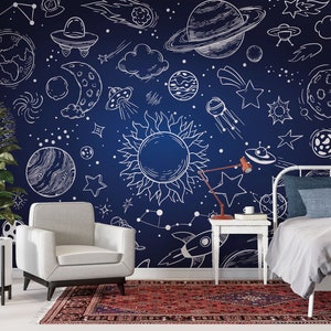 Carta da parati murale con pianeti per la sala giochi, carta da parati con galassia spaziale per bambini, carta da parati con stelle spaziali, carta da parati con cielo notturno per bambini, carta da parati murale per la sala giochi dei bambini