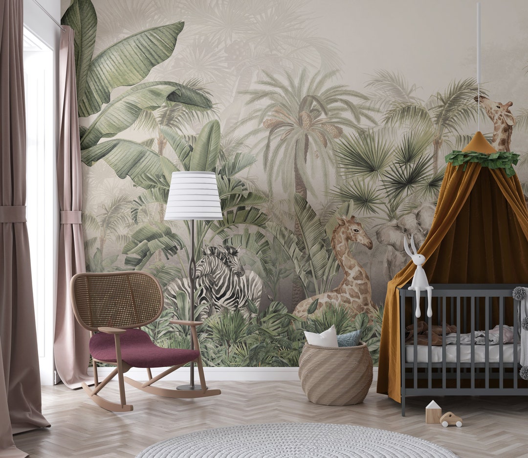 Natural Tropical Forest Safari Animals Child Room Wallpaper, Amazon ...