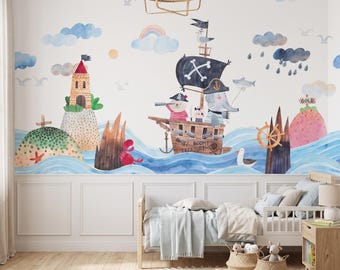 Pirate Ship Animals Wallpaper | Watercolor Ocean Nautical Nursery Mural