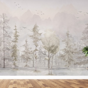 The Nordic Style Kids Wallpaper, European Style, Forest Woods Wall Mural, Peel And Stick Watercolor Pastel Color Forest Removable Wallpaper image 9