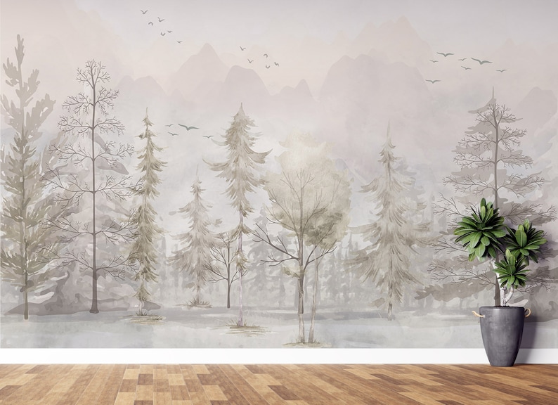 The Nordic Style Kids Wallpaper, European Style, Forest Woods Wall Mural, Peel And Stick Watercolor Pastel Color Forest Removable Wallpaper image 9