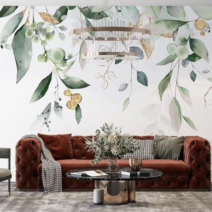Green Eucalyptus Peel and Stick Wallpaper, Leaves and Branches Removable Wall Mural, Watercolor Botanical Leaf Self Adhesive Wallpaper