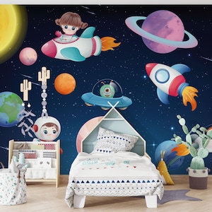 Carta da parati murale con pianeti del sistema solare, carta da parati adesiva per cameretta di astronauti, carta da parati personalizzata con avventure spaziali e astronauti per la sala giochi dei bambini