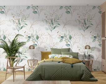 Eucalyptus Leaf Wallpaper, Green Gold Botanical Wall Mural, Watercolor Peel Stick (Bedroom Decor)
