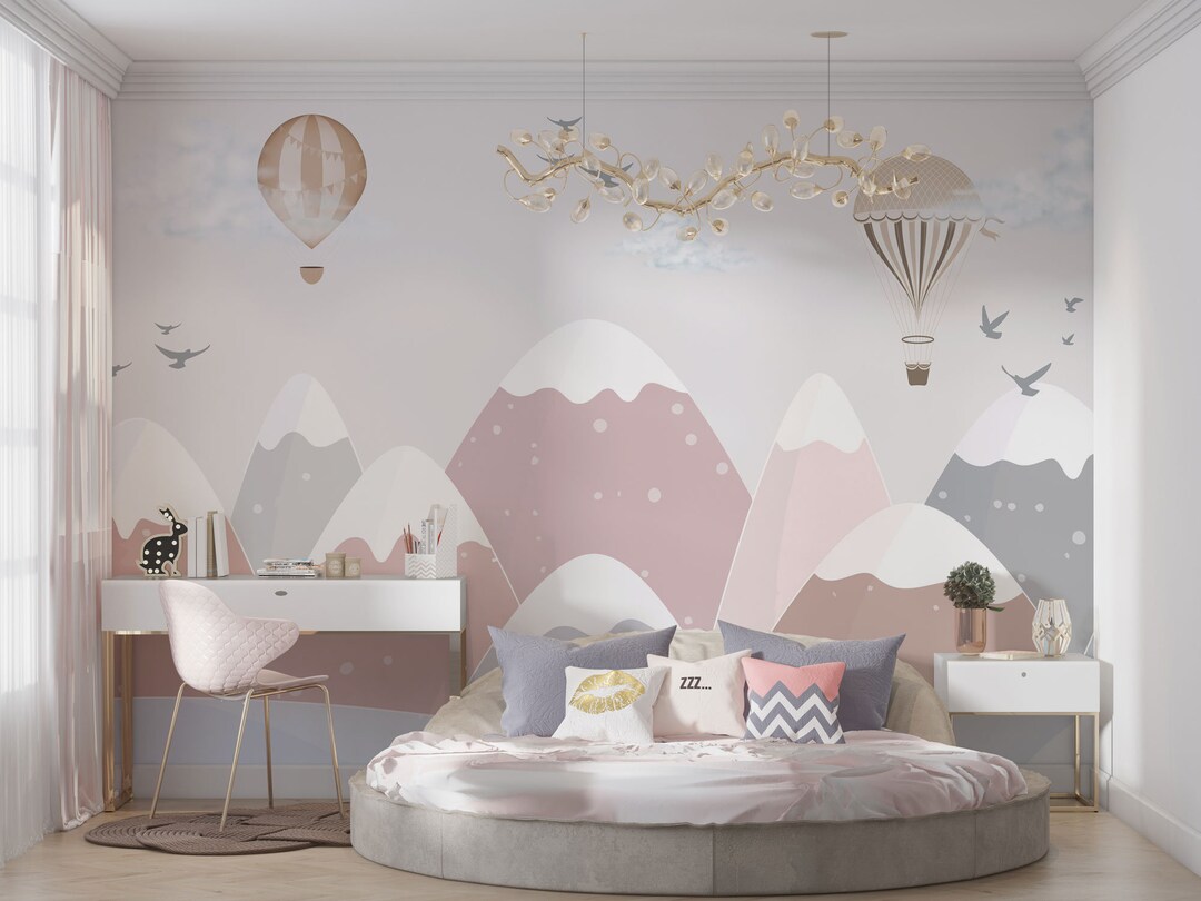 Baby Kids Wallpaper, European Style Mural, Hot Air Ballons Mountains