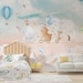 Watercolor Effect Cute Animals Nordic Nursery Wallpaper, Stylish Pastel Colors Hot Air Balloons Kids Mural 