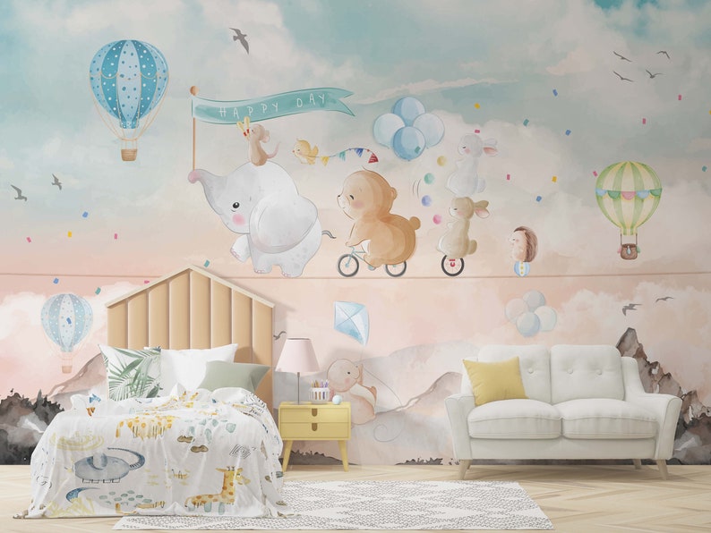 Watercolor Effect Cute Animals Nordic Nursery Wallpaper, Stylish Pastel Colors Hot Air Balloons Kids Mural 