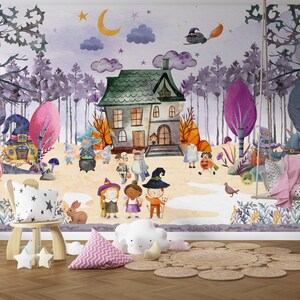 Watercolor Tree Forest Peel and Stick Wallpaper, Play Room Self Adhesive Nursery Décor Woodland Wall Mural, Witch house Kids Room Wall Mural