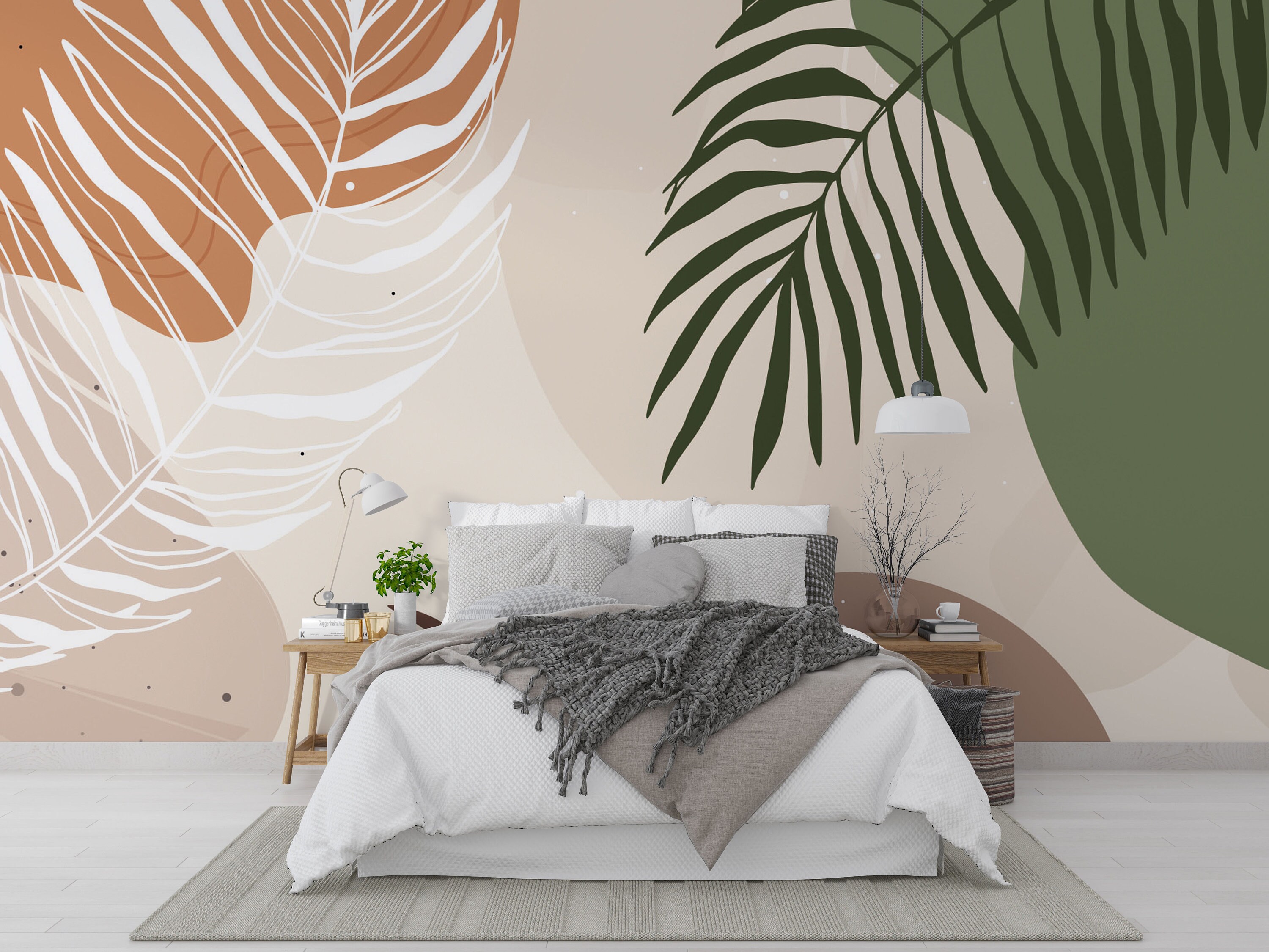 Mid Century Modern Abstract Botanical Wall Mural, Earth Tone Leaf ...