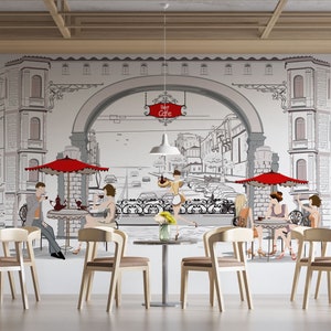 European Street Café Wall Mural – Hand-Drawn Style Peel and Stick Wallpaper for Coffee Shops, Restaurants, and Dining Spaces